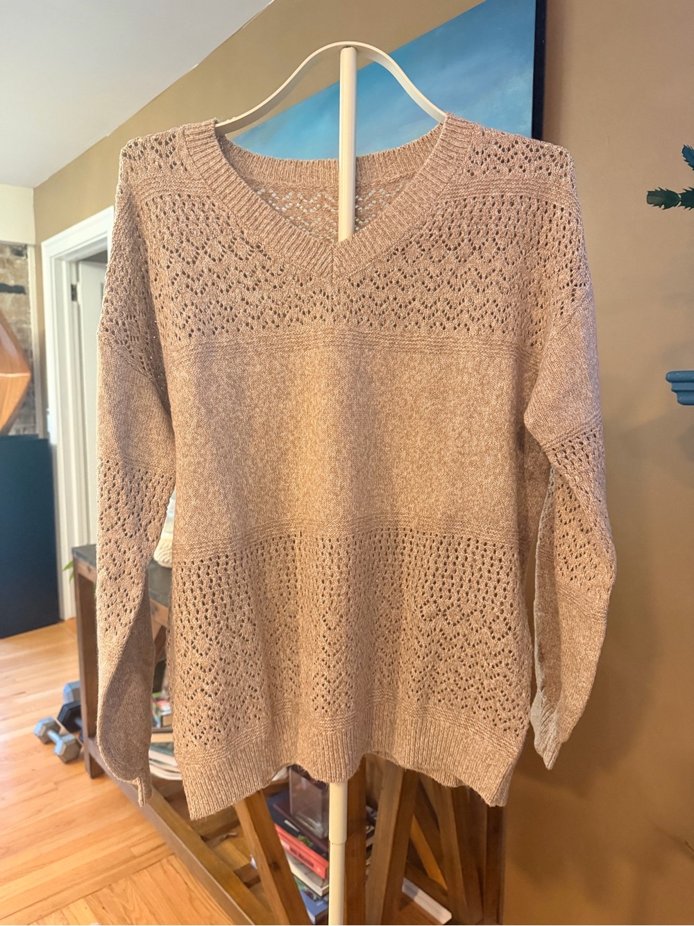Women's V-Neck Open Stitch Lightweight Sweater - Beige